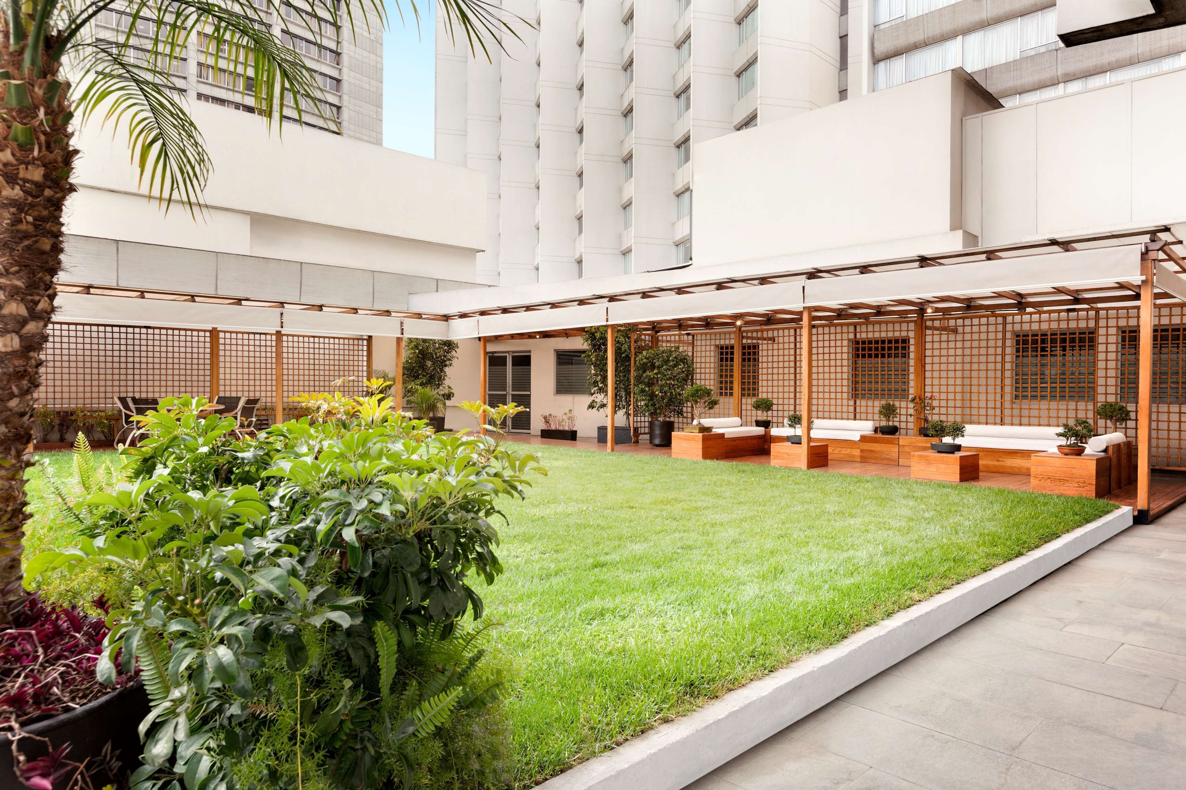 A modern courtyard with a grassy lawn, seating areas, and a variety of plants.