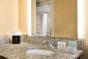 Combined shower/tub, eco-friendly toiletries, hair dryer, bathrobes