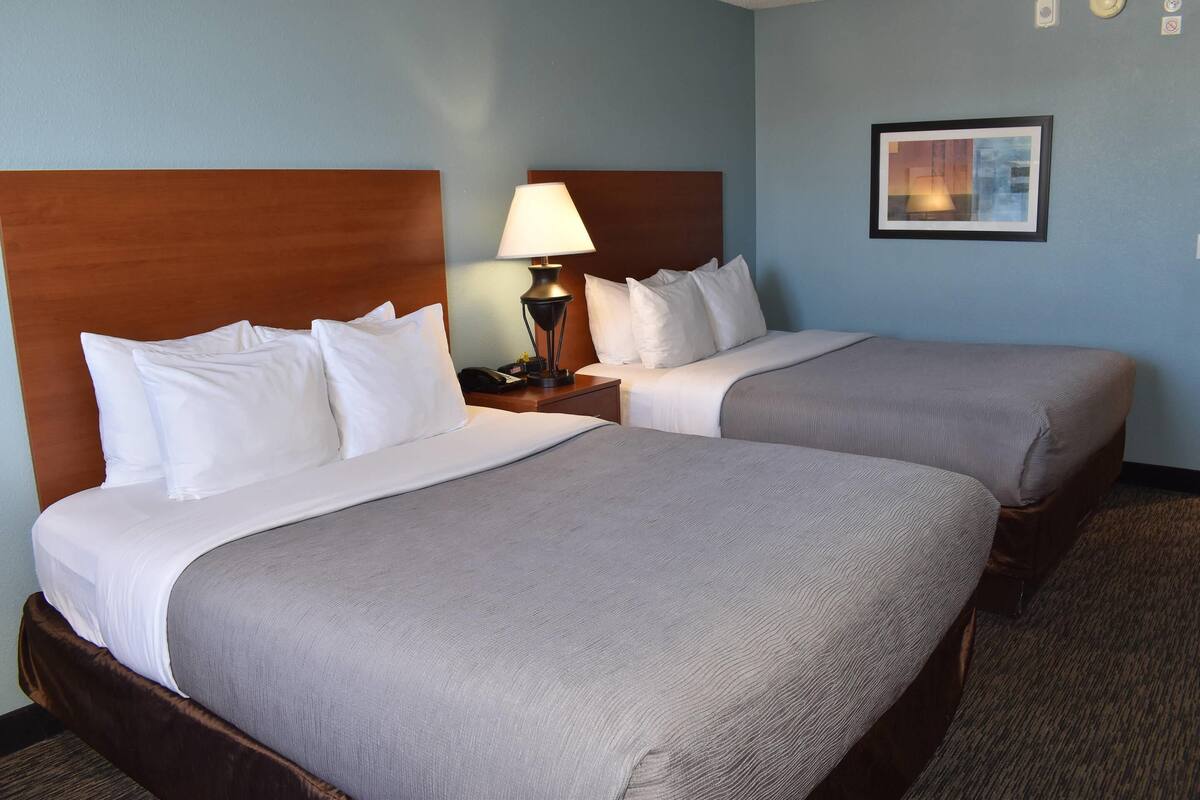 A hotel room with two beds, a nightstand with a lamp, and a framed picture on the wall.