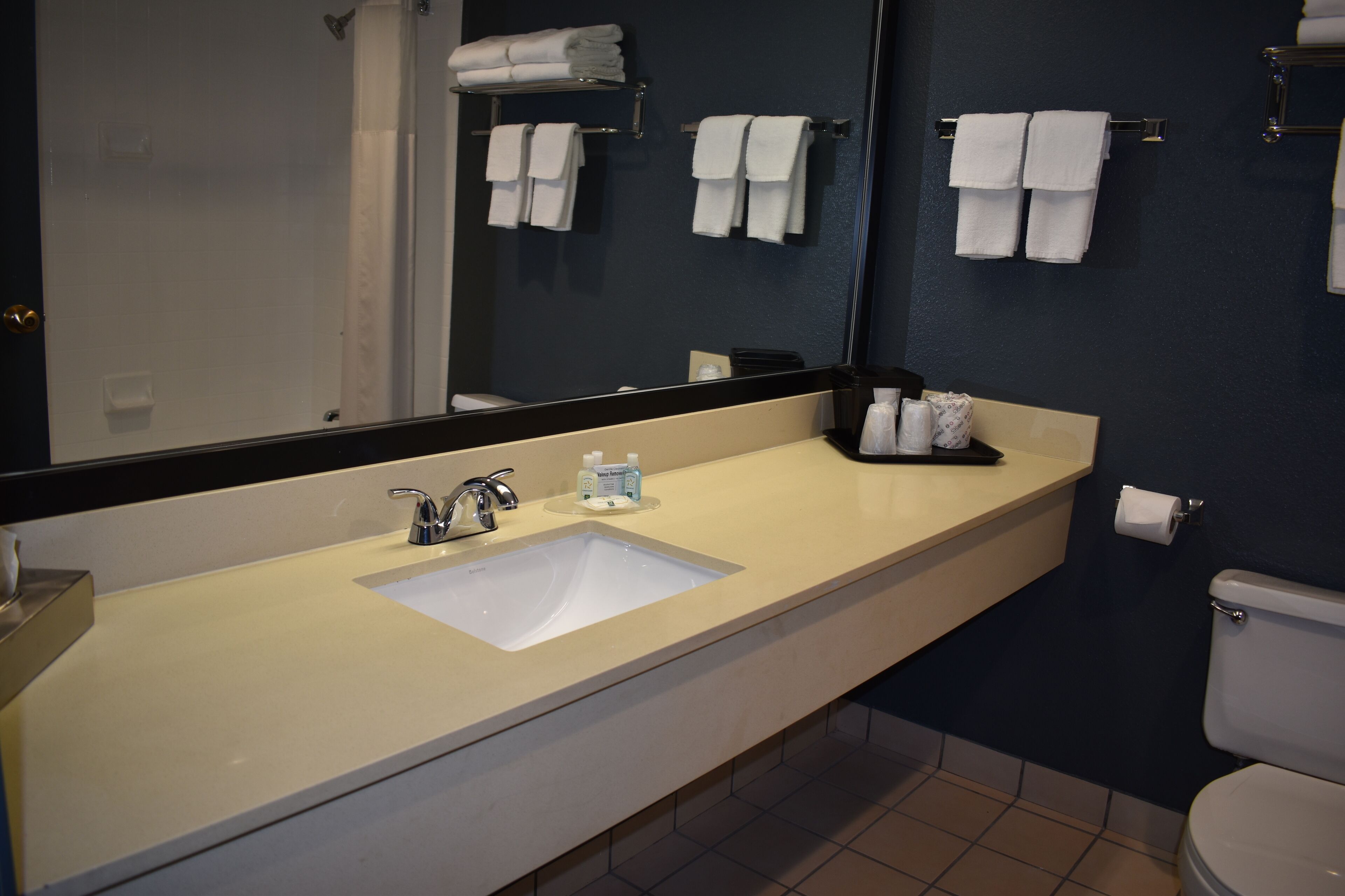 Un baño de hotel con lavamanos, espejo, toallas y artículos de aseo.