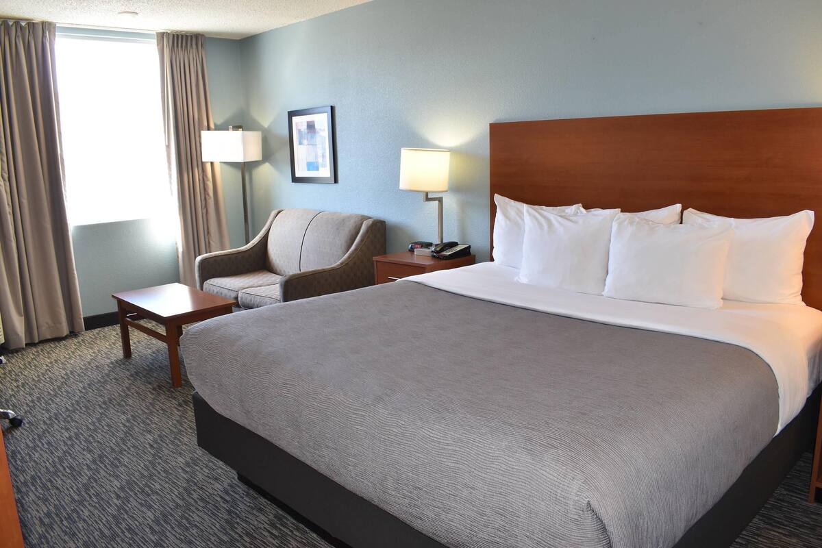 A hotel room with a large bed, a chair, a desk, a lamp, and a framed picture on the wall.