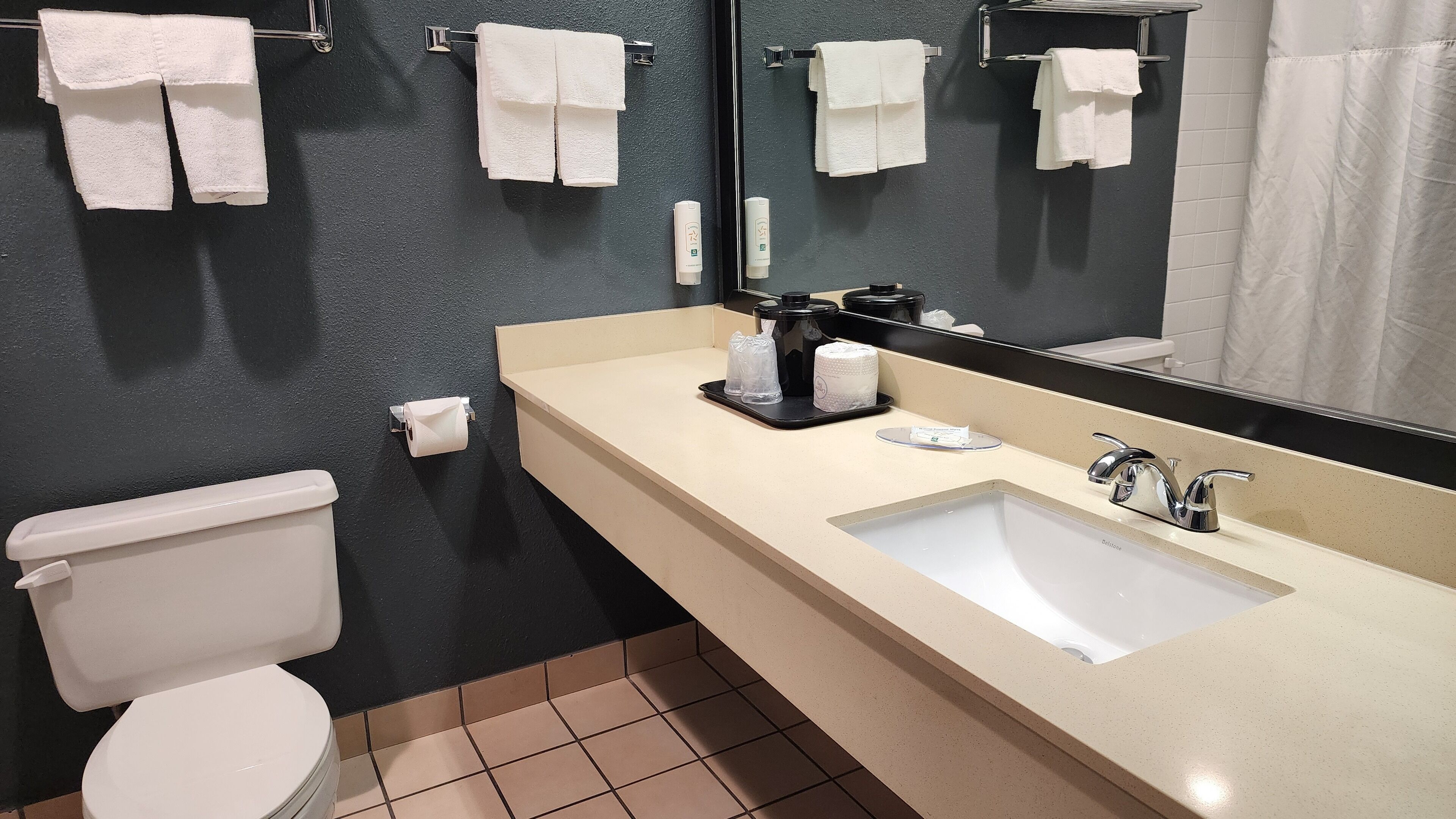 A bathroom with a white toilet, a beige sink, and a large mirror.