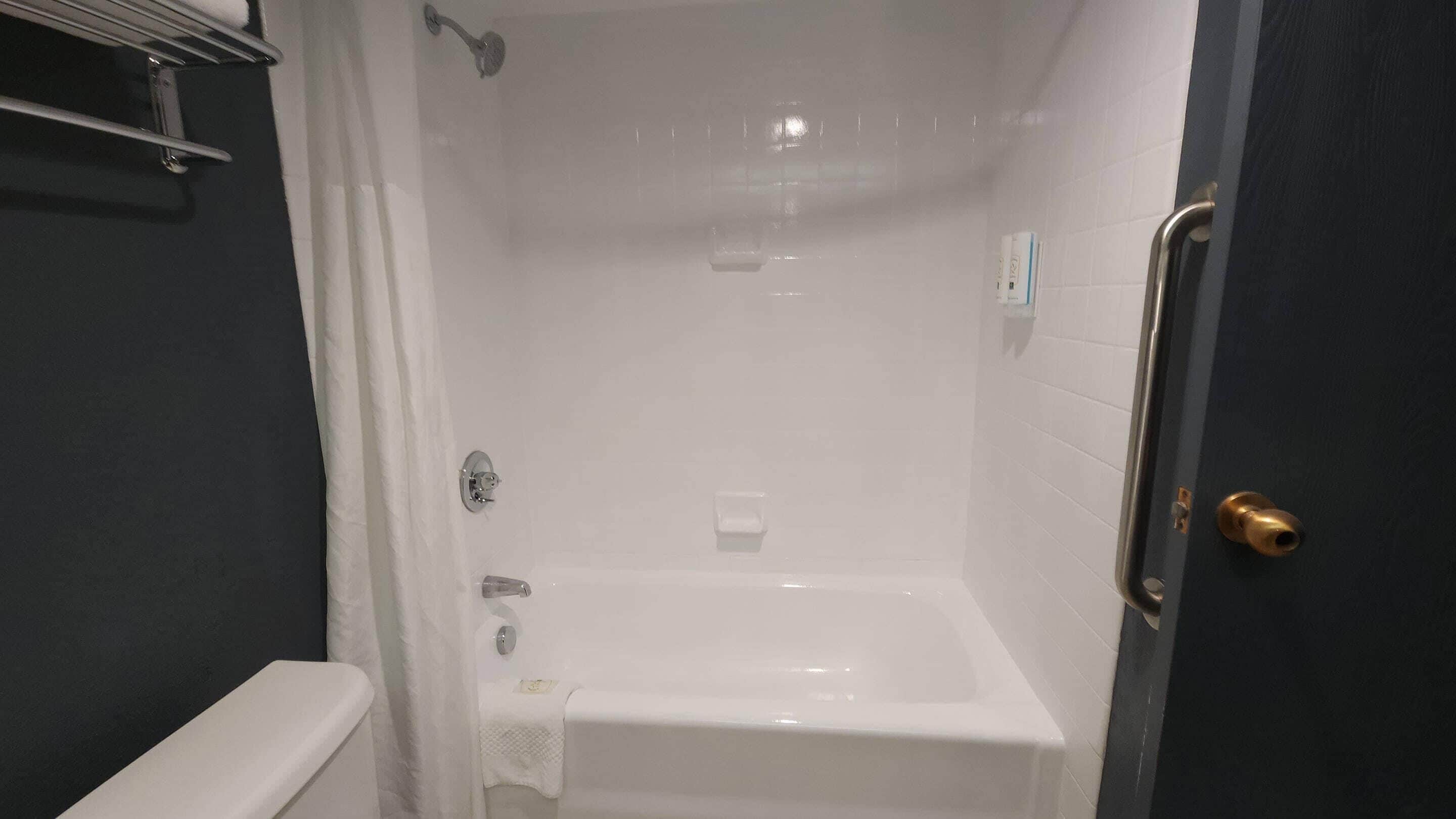 A bathroom with a white bathtub, a shower, and a toilet.