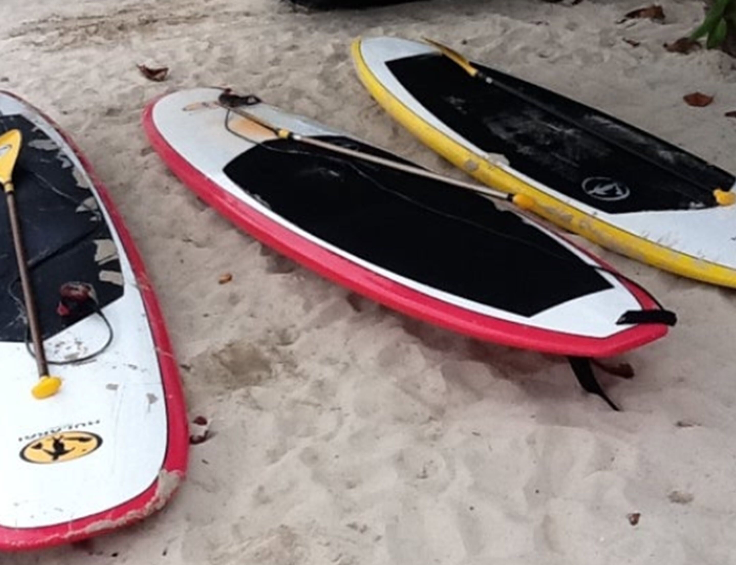 Tres tablas de remo sobre arena.