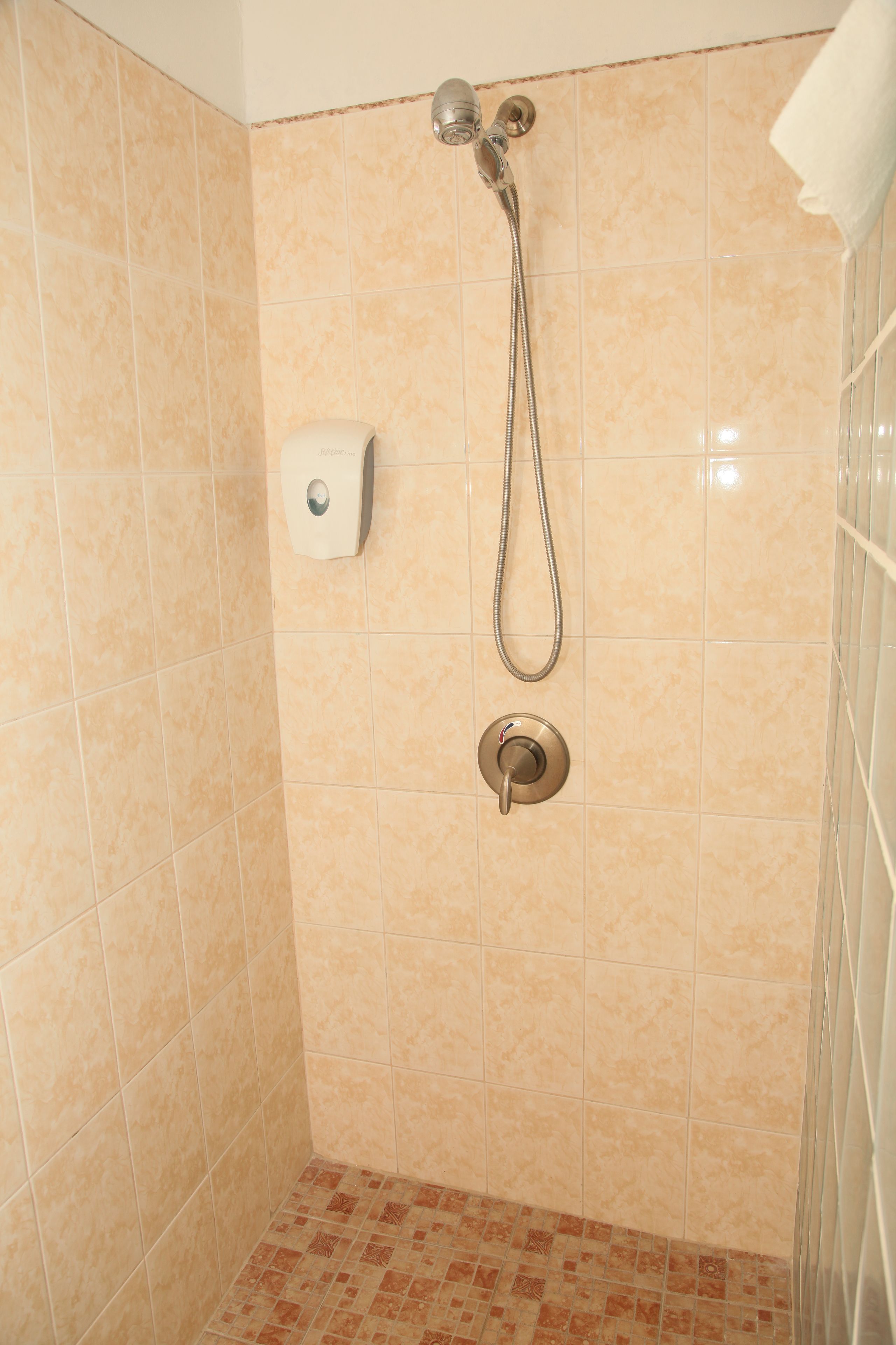 A shower area with beige tiles, a handheld showerhead, and a wall-mounted control.
