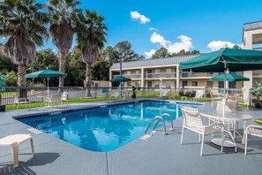 Seasonal outdoor pool, pool umbrellas