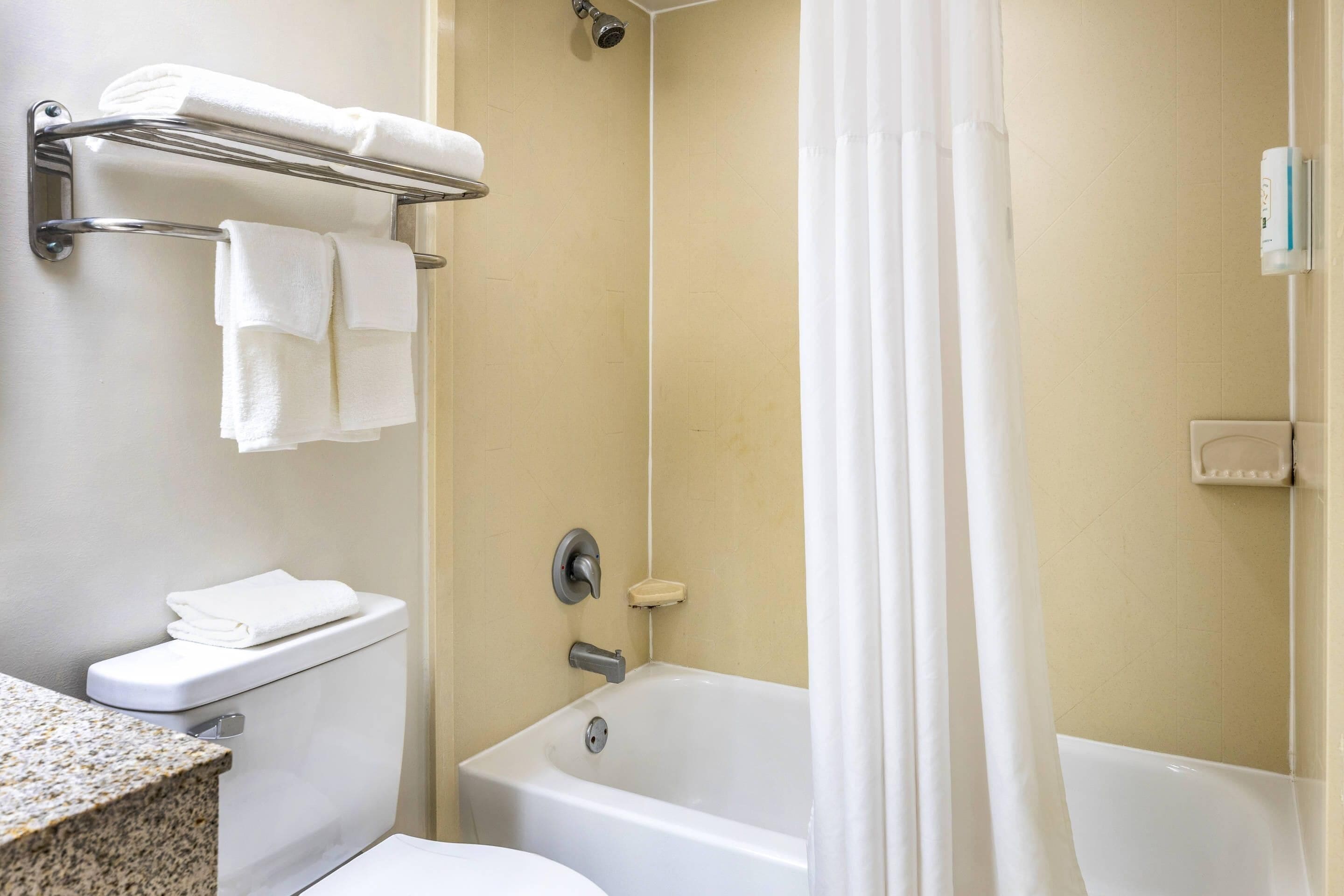 Un baño con bañera, inodoro, lavabo y perchero para toallas.