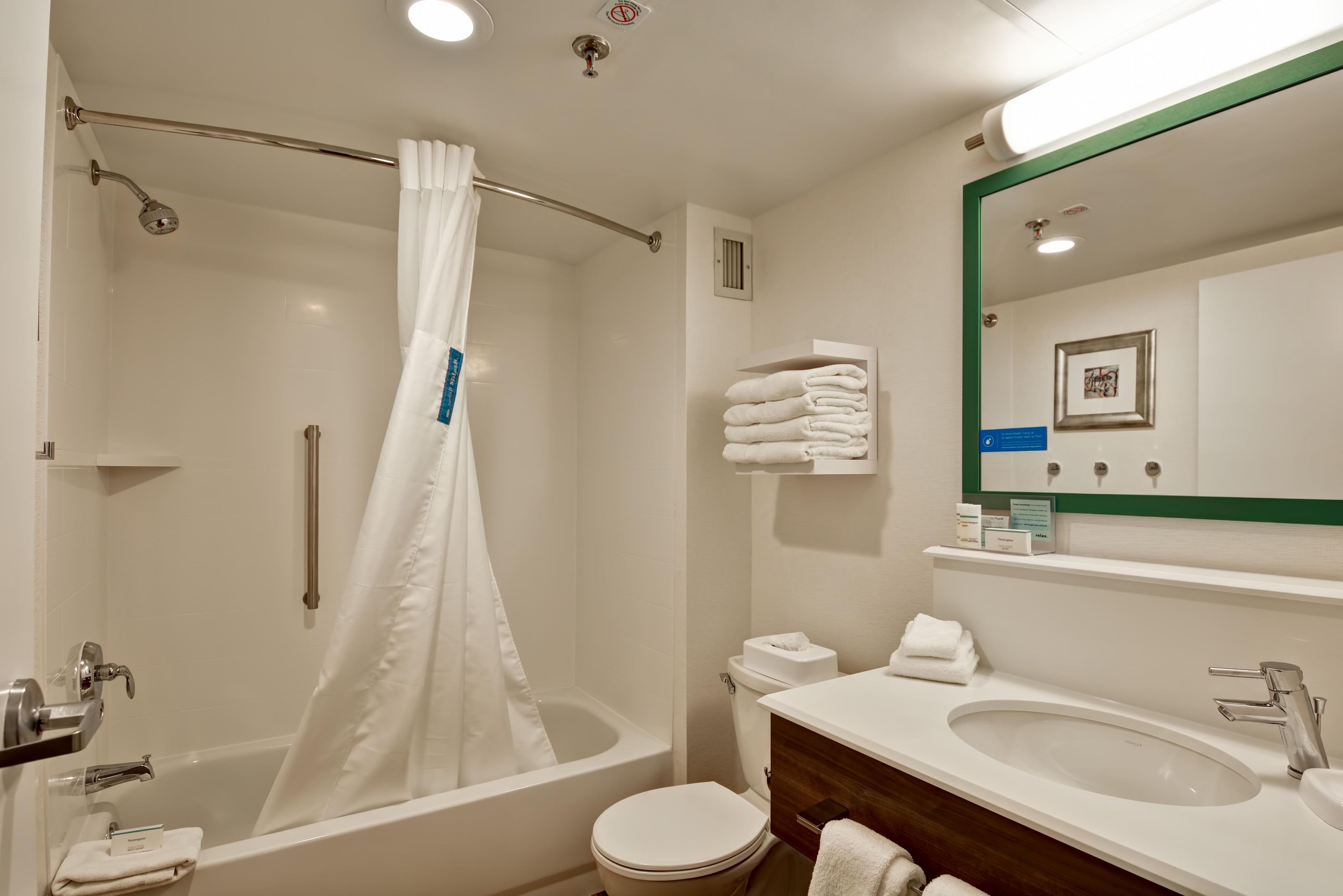 A modern bathroom with a walk-in shower, a toilet, and a sink.