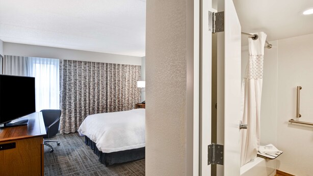 A hotel room with a bed, a desk with a TV, a shower area, and a view of the outdoors. - Hampton Inn Albany-Wolf Road (Airport) (Albany)