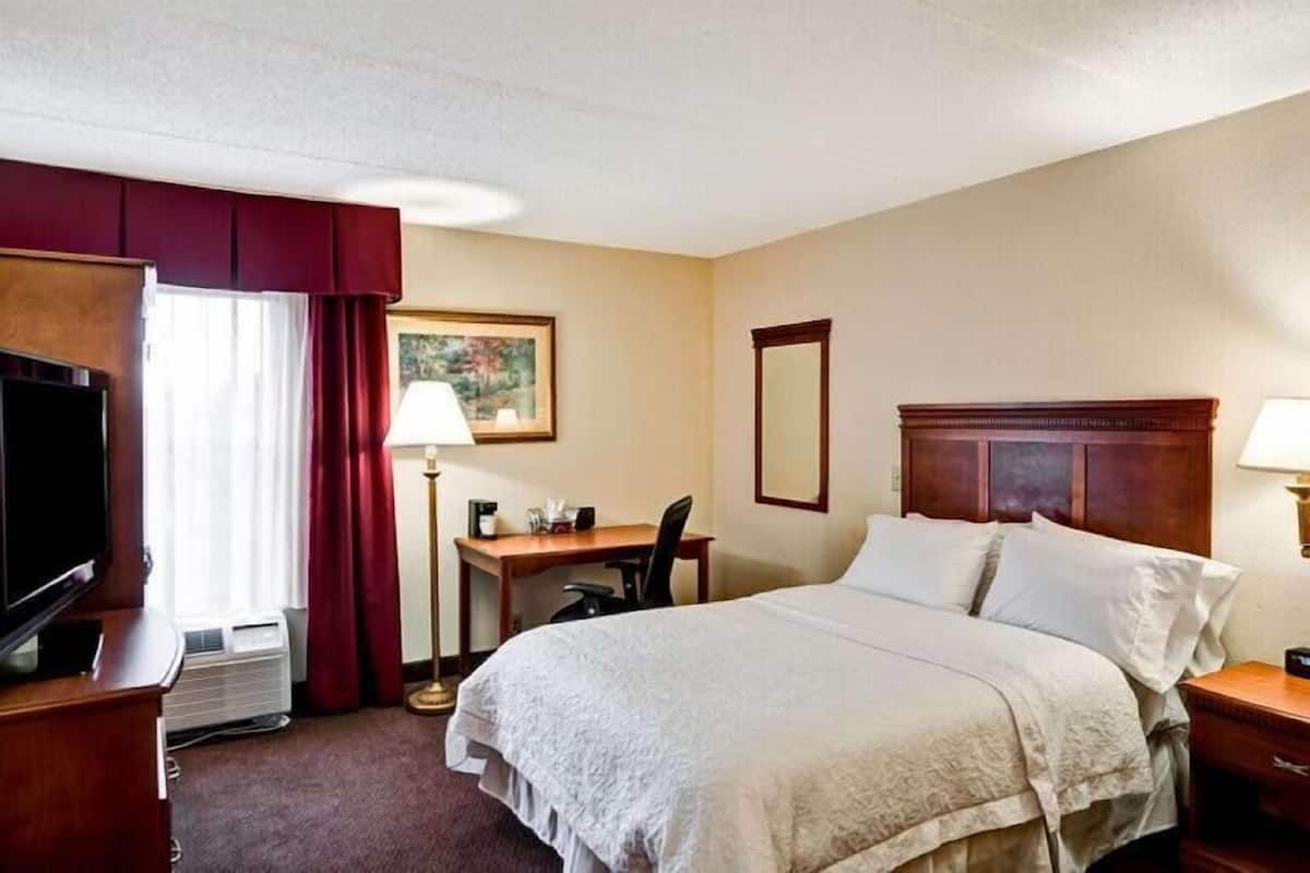 Una habitación de hotel con cama, escritorio, televisor y un cuadro en la pared.