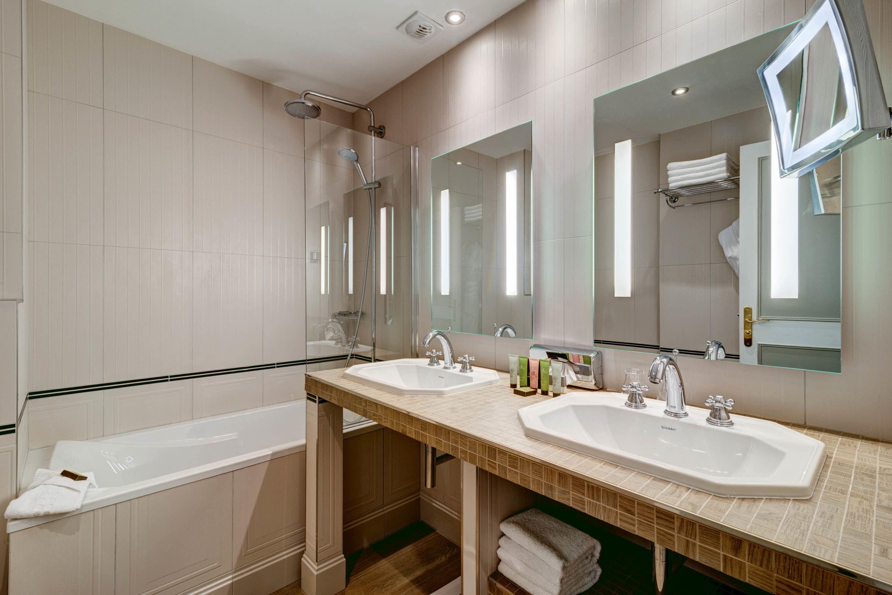 superior twin room - complimentary soft minibar, courtesy tray, chromecast - snacks, digital press | bathroom | free toiletries, hair dryer, bathrobes, slippers