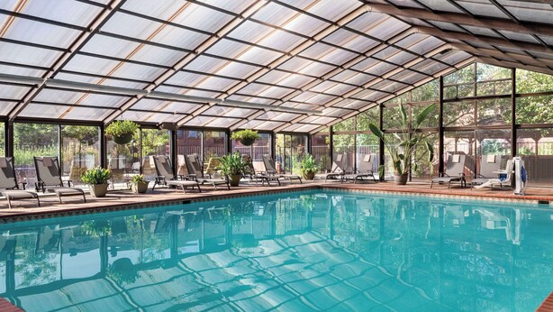 A covered swimming pool with lounge chairs and potted plants. - Radisson Hotel Colorado Springs Airport (Colorado Springs)