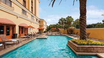 Indoor pool, outdoor pool, pool umbrellas