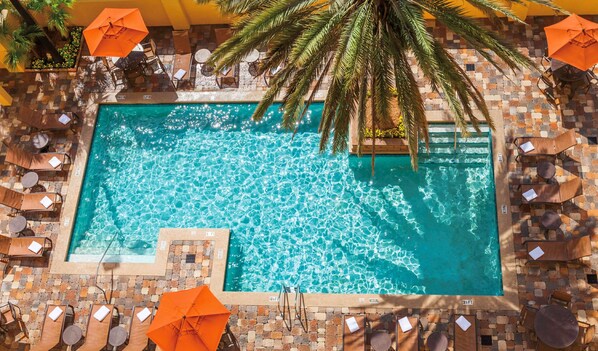 Piscine couverte, piscine extérieure, parasols de plage