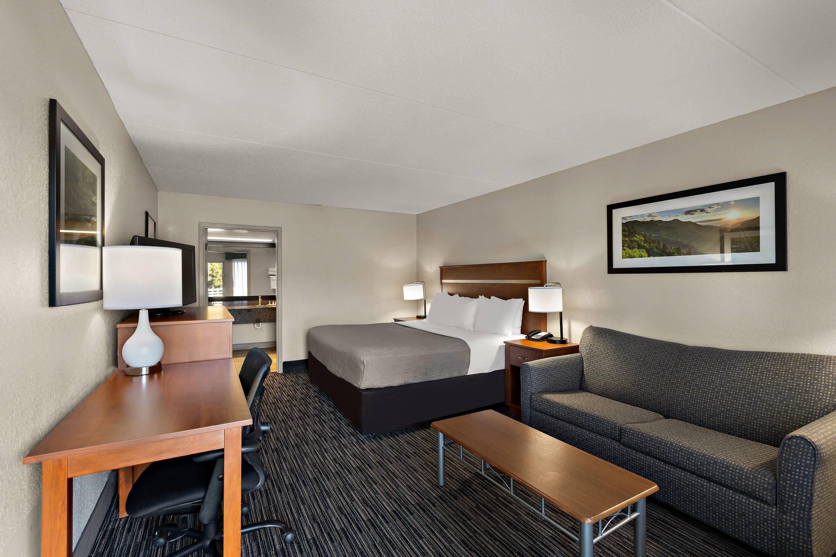 A hotel room with a bed, a desk, a chair, a sofa, and a picture on the wall.
