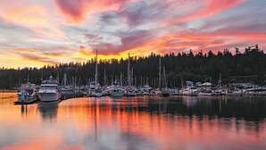 Un port esportiu amb vaixells amarrats al moll, envoltat per una zona boscosa.