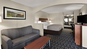 Una habitació d'hotel amb un sofà, un llit, un escriptori i una televisió.