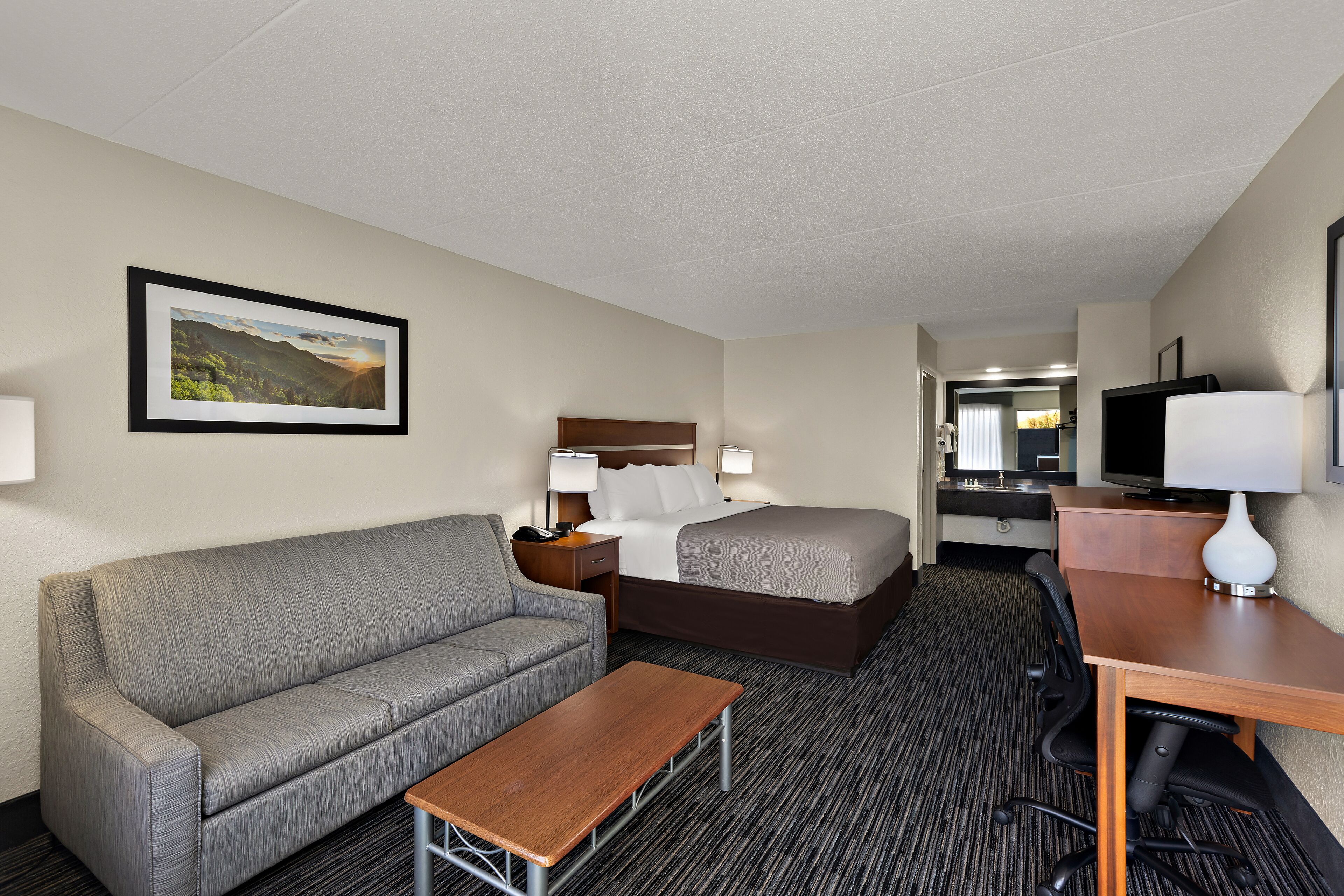 A hotel room with a bed, a sofa, a desk, and a television.