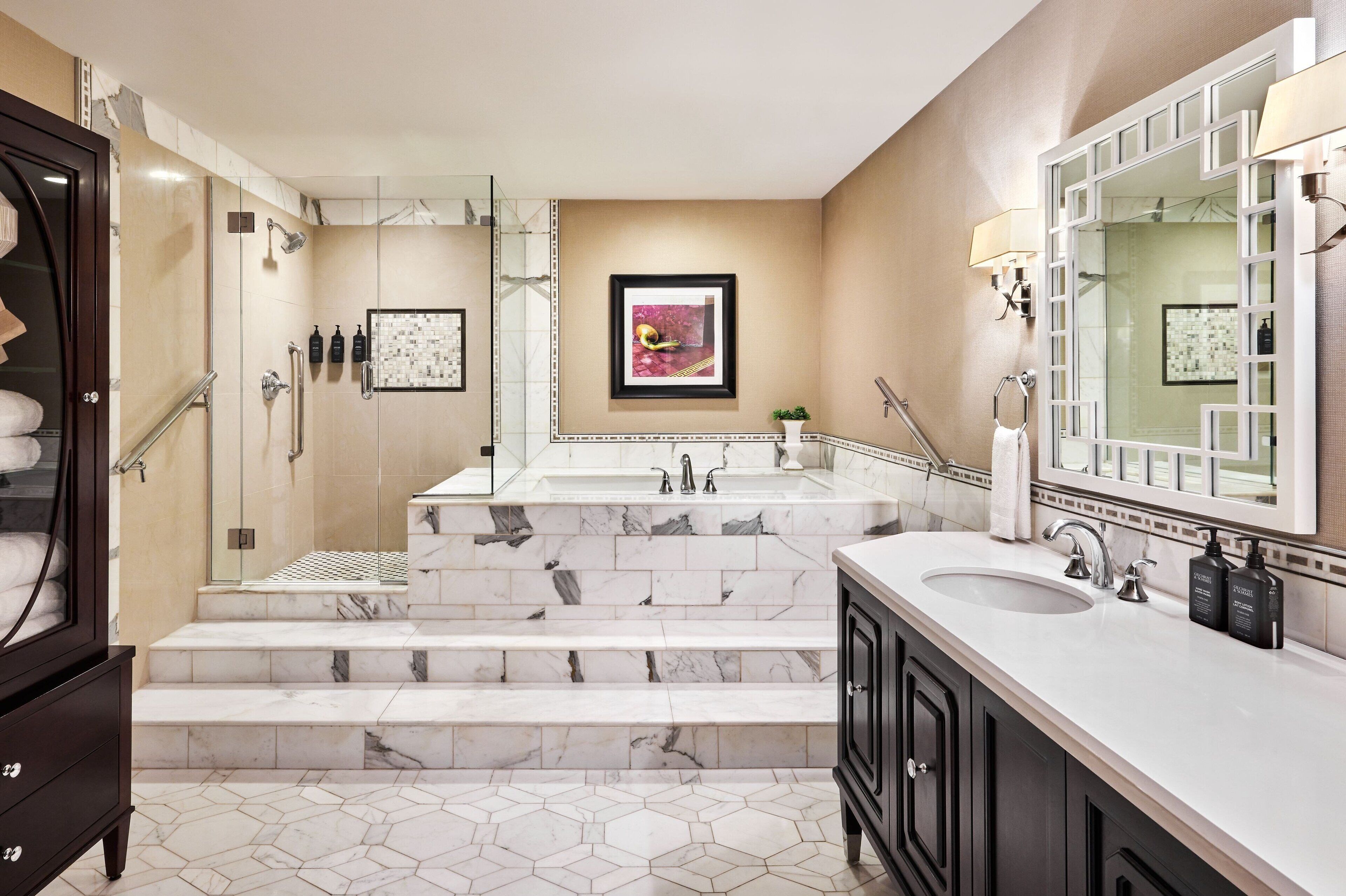 eco-friendly toiletries, hair dryer, towels