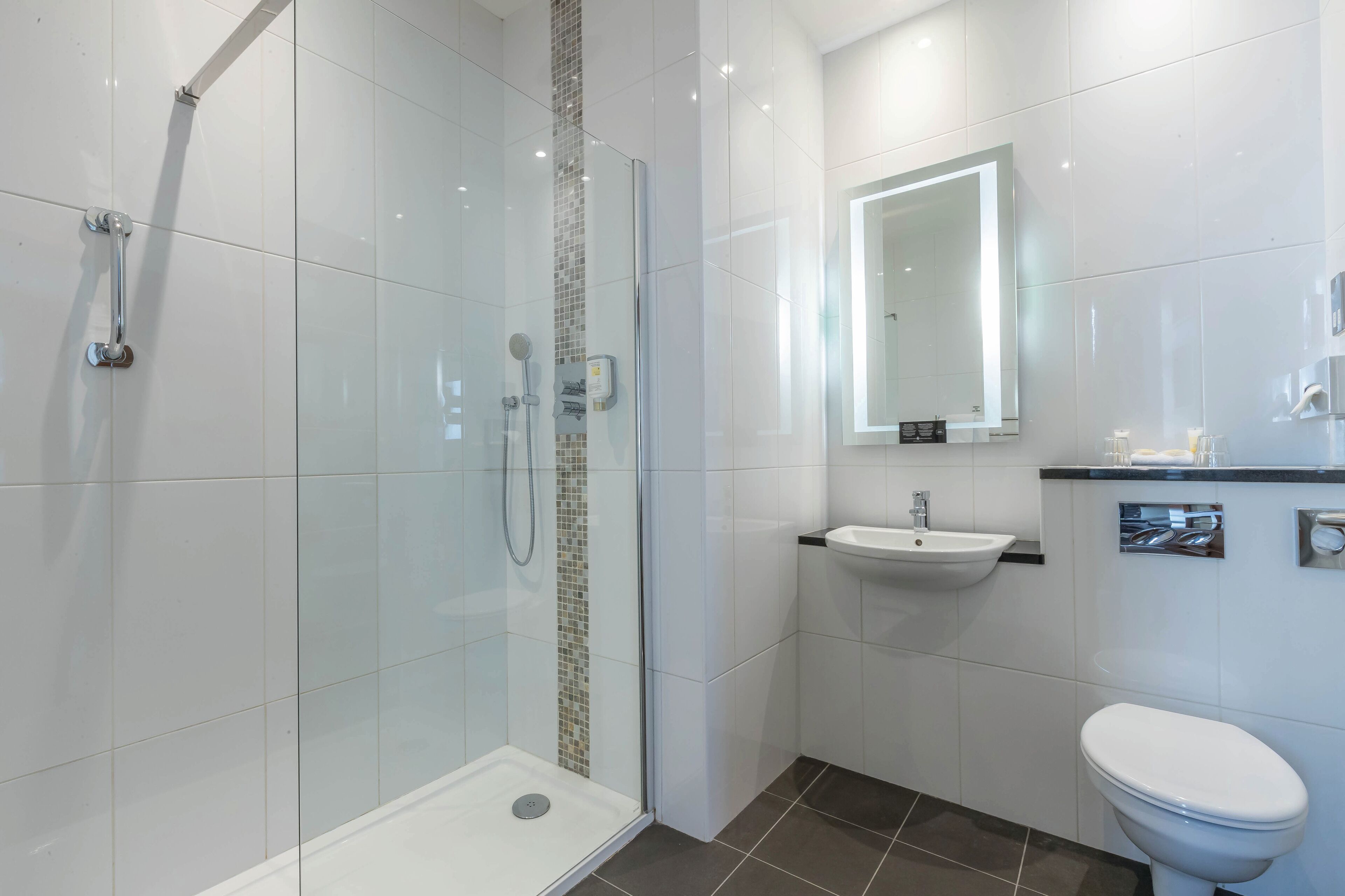 A modern bathroom with a glass-enclosed shower, a sink, and a toilet.