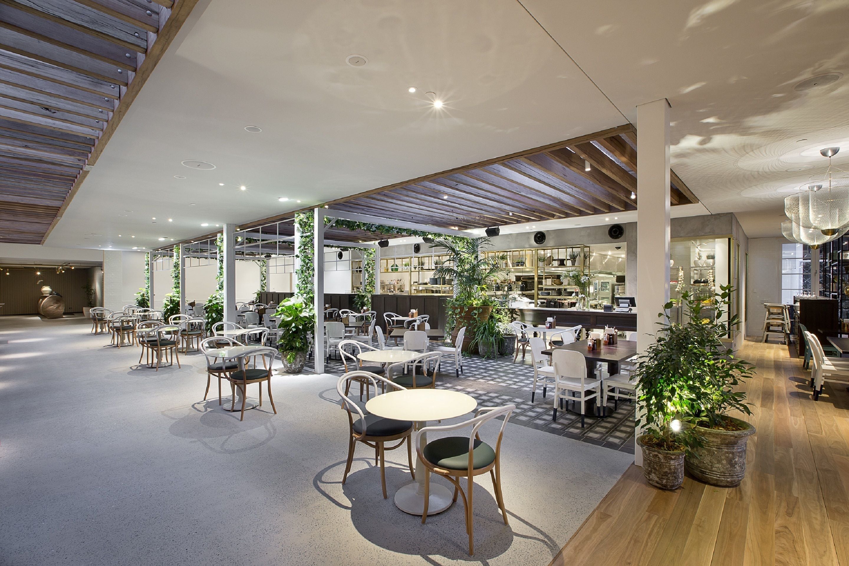 A spacious indoor area with multiple seating arrangements, including round tables and chairs, and a variety of plants.