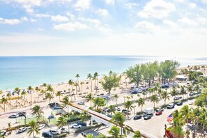 Una carretera costera con playa y palmeras.