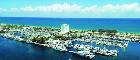 A marina with numerous boats docked, a tall hotel building, and a clear view of the ocean.