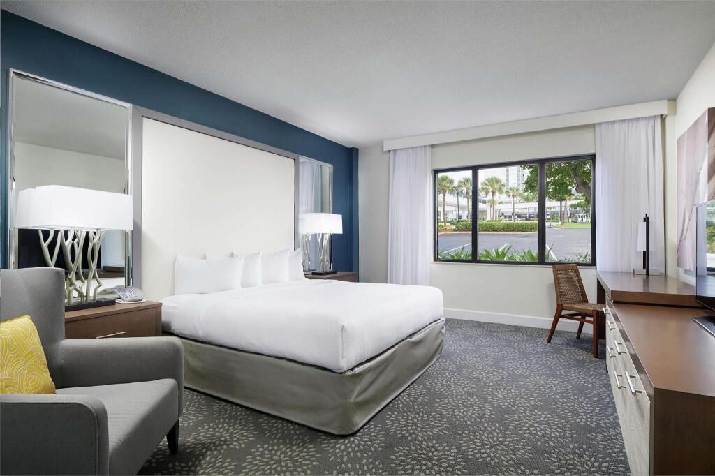 Down comforters, pillowtop beds, in-room safe, desk