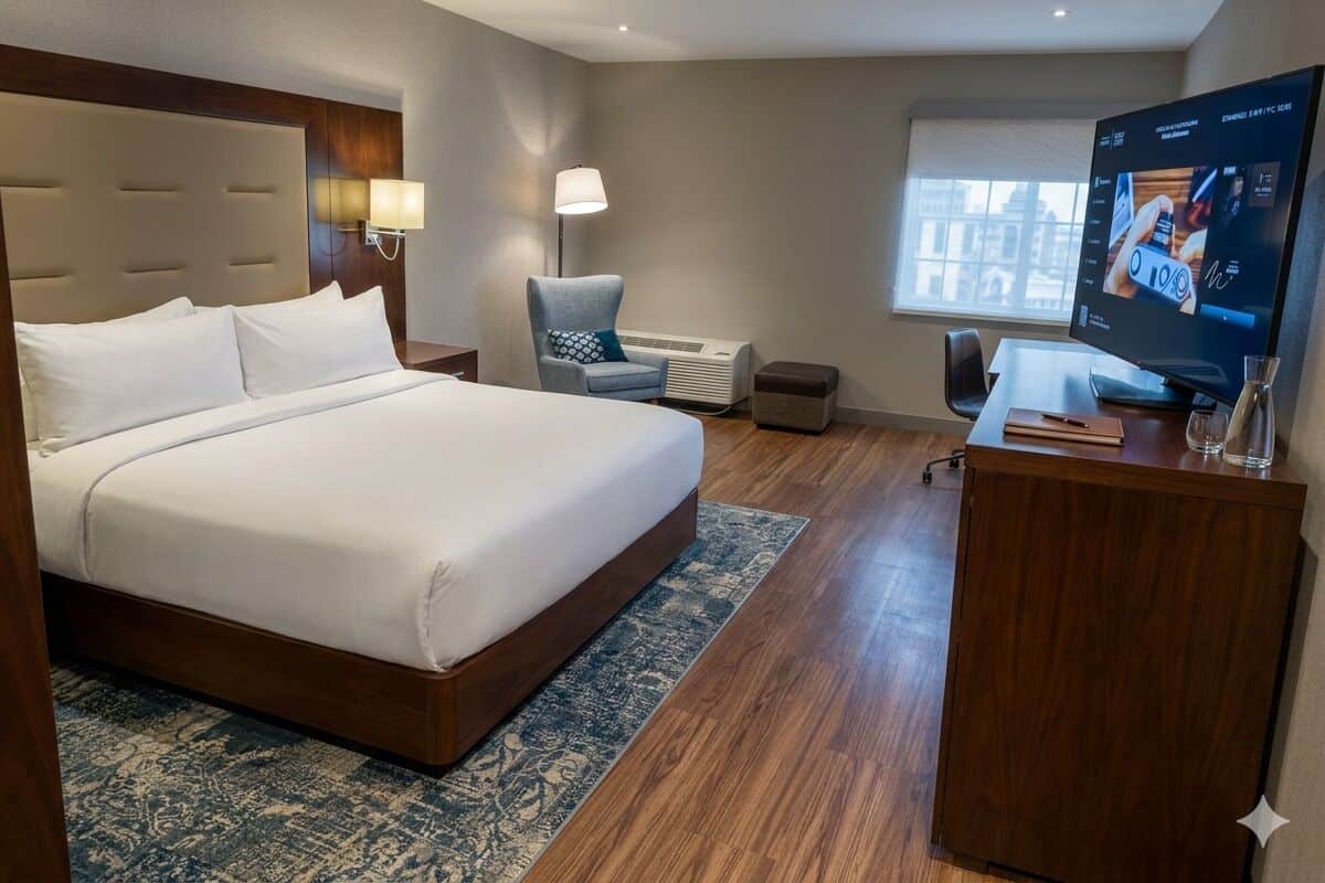 A hotel room with a large bed, a desk with a flat-screen TV, a chair, and a window with a city view.