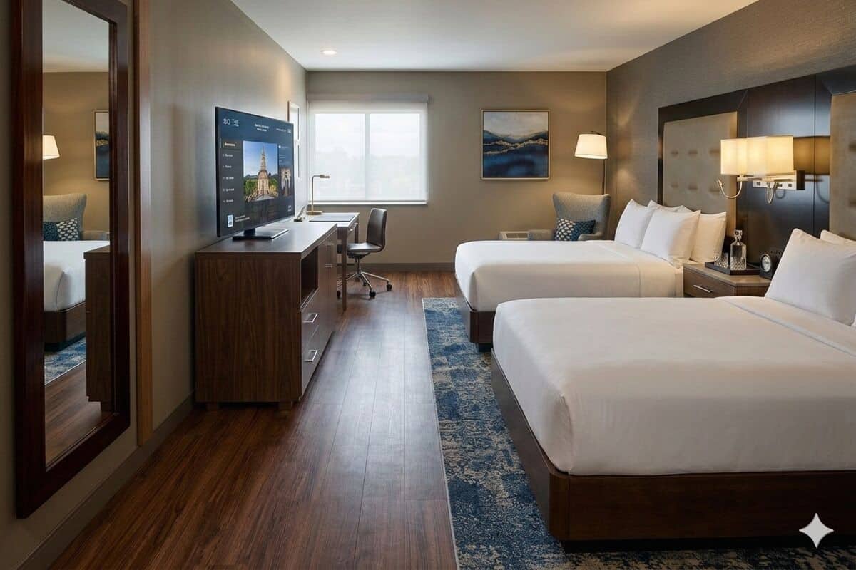 A hotel room with two beds, a desk, a TV, and a large window.