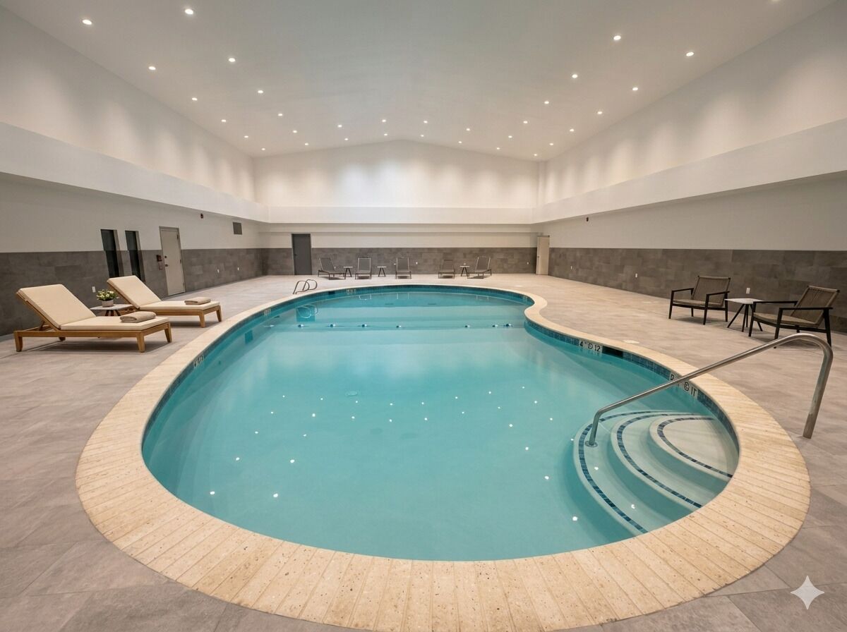 Una piscina techada, sillones reclinables de piscina