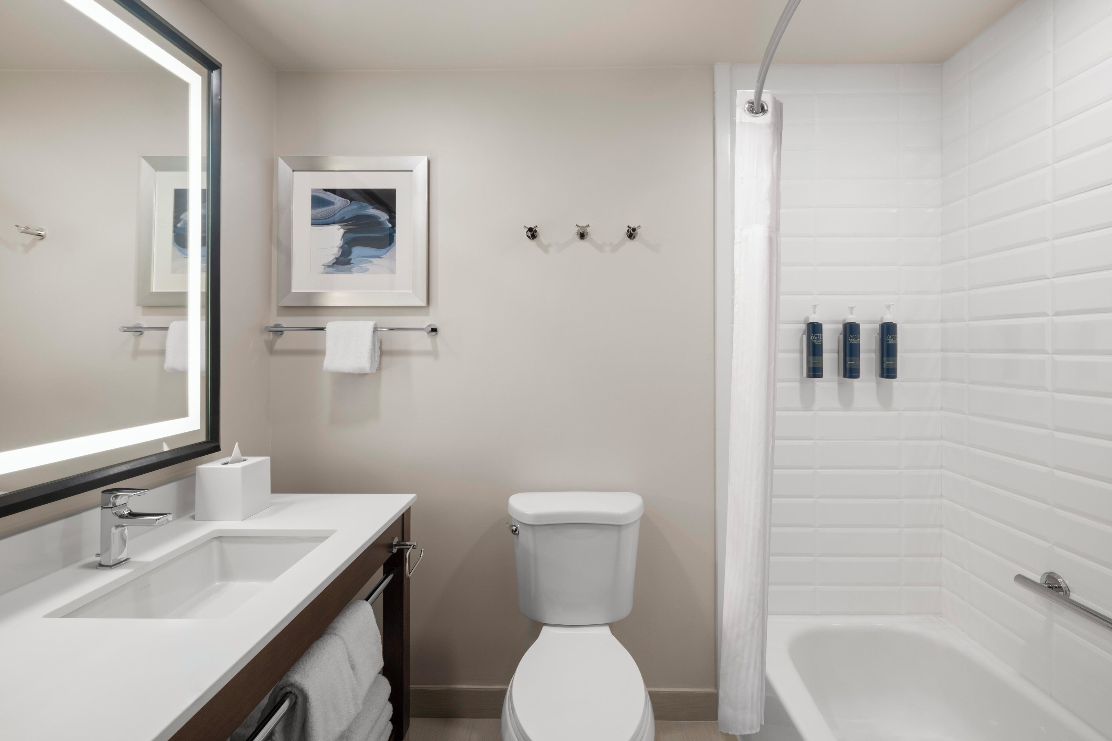 A bathroom with a white sink, toilet, and bathtub. There is a framed picture on the wall and a towel rack.