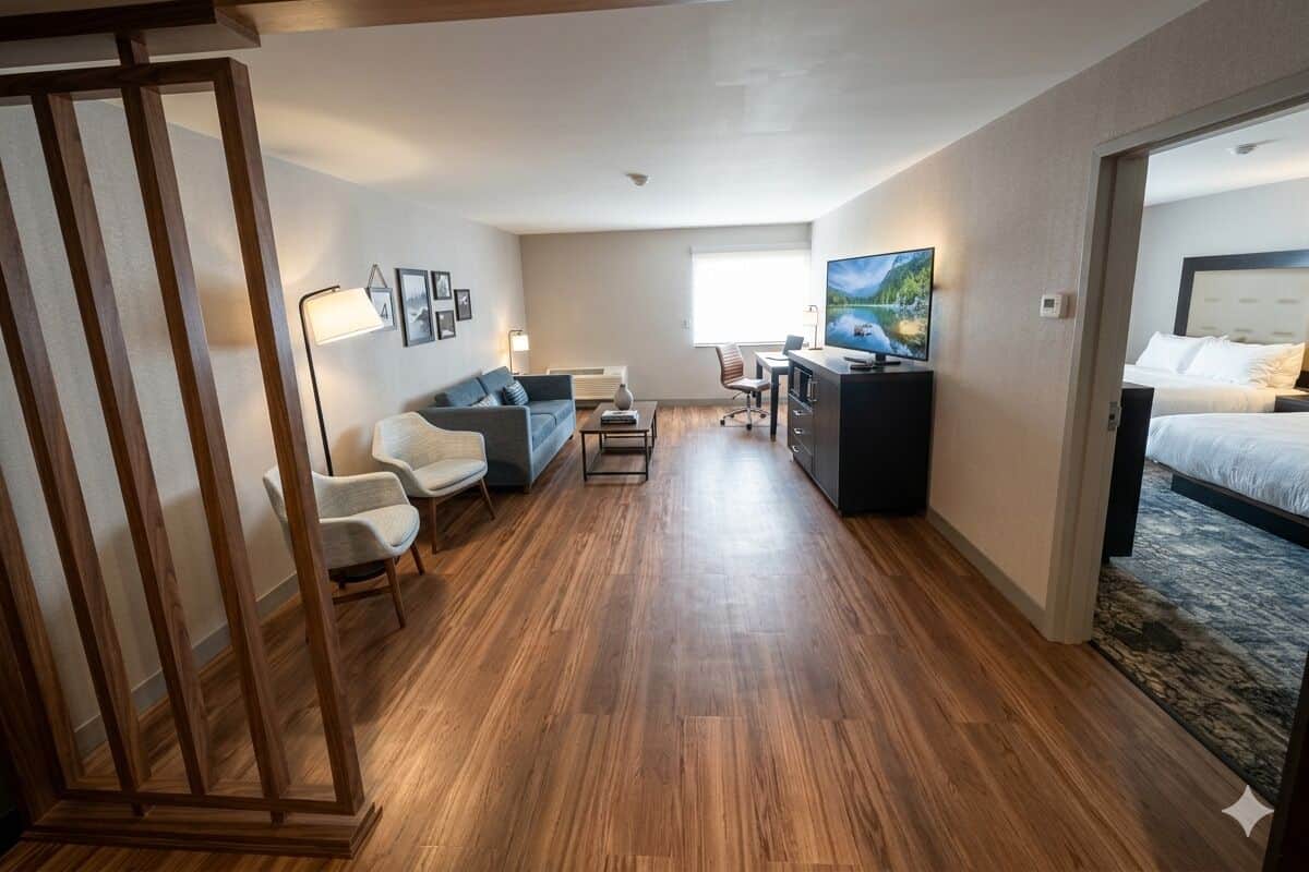 A modern hotel room with a wooden floor, a desk with a computer, a sofa, and a bed.