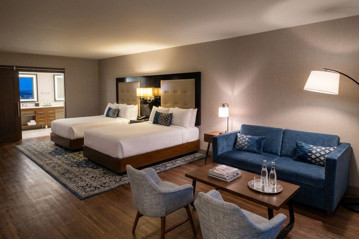 A hotel room with two beds, a sofa, a coffee table, and a desk.