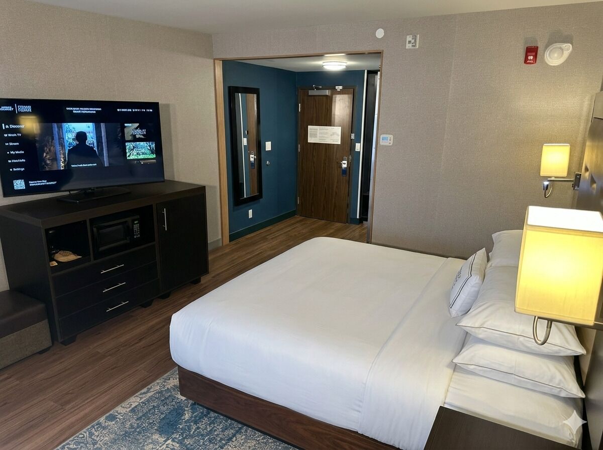 A hotel room with a bed, a TV on a stand, a desk, and a bathroom with a mirror and sink.