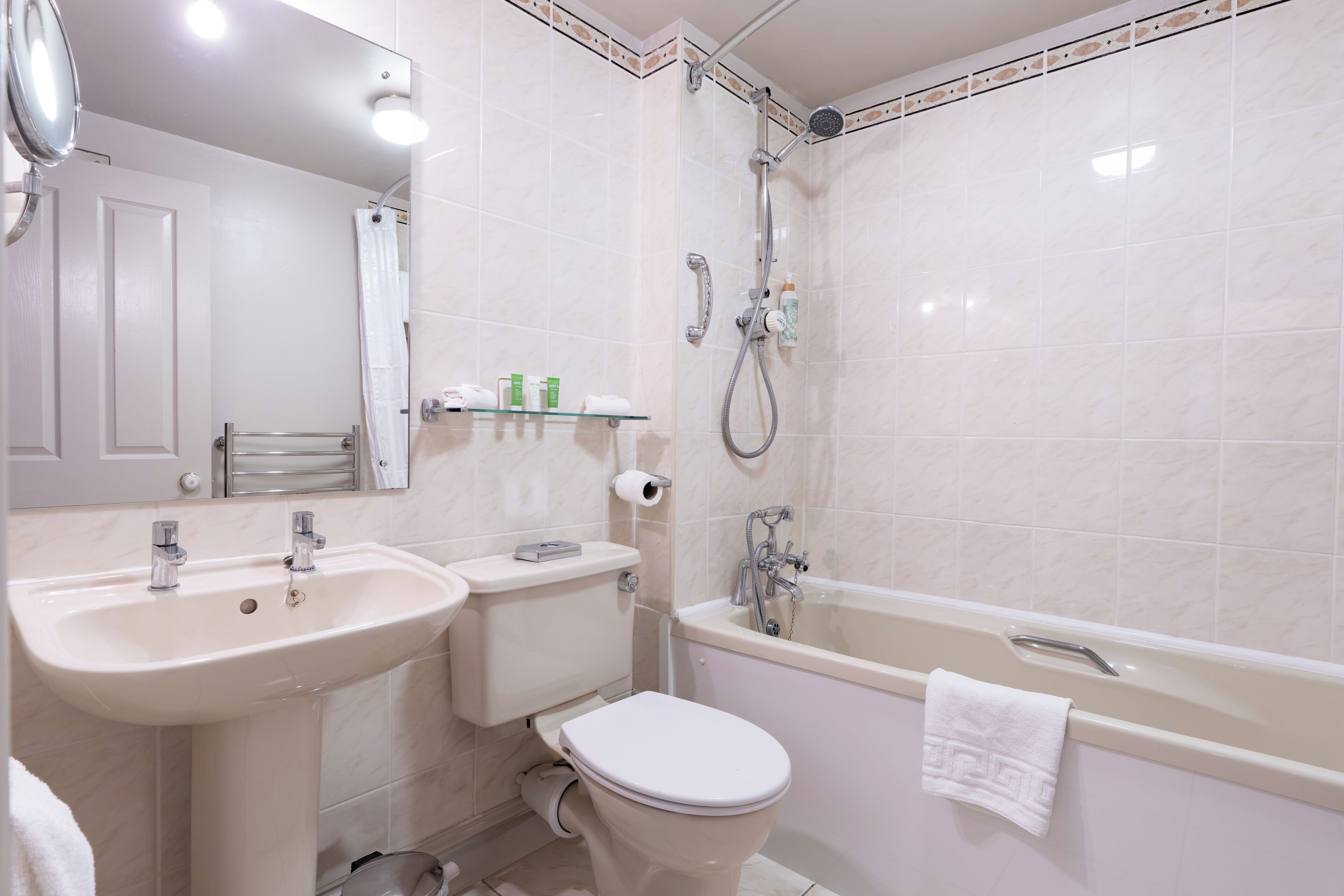 free toiletries, hair dryer, towels