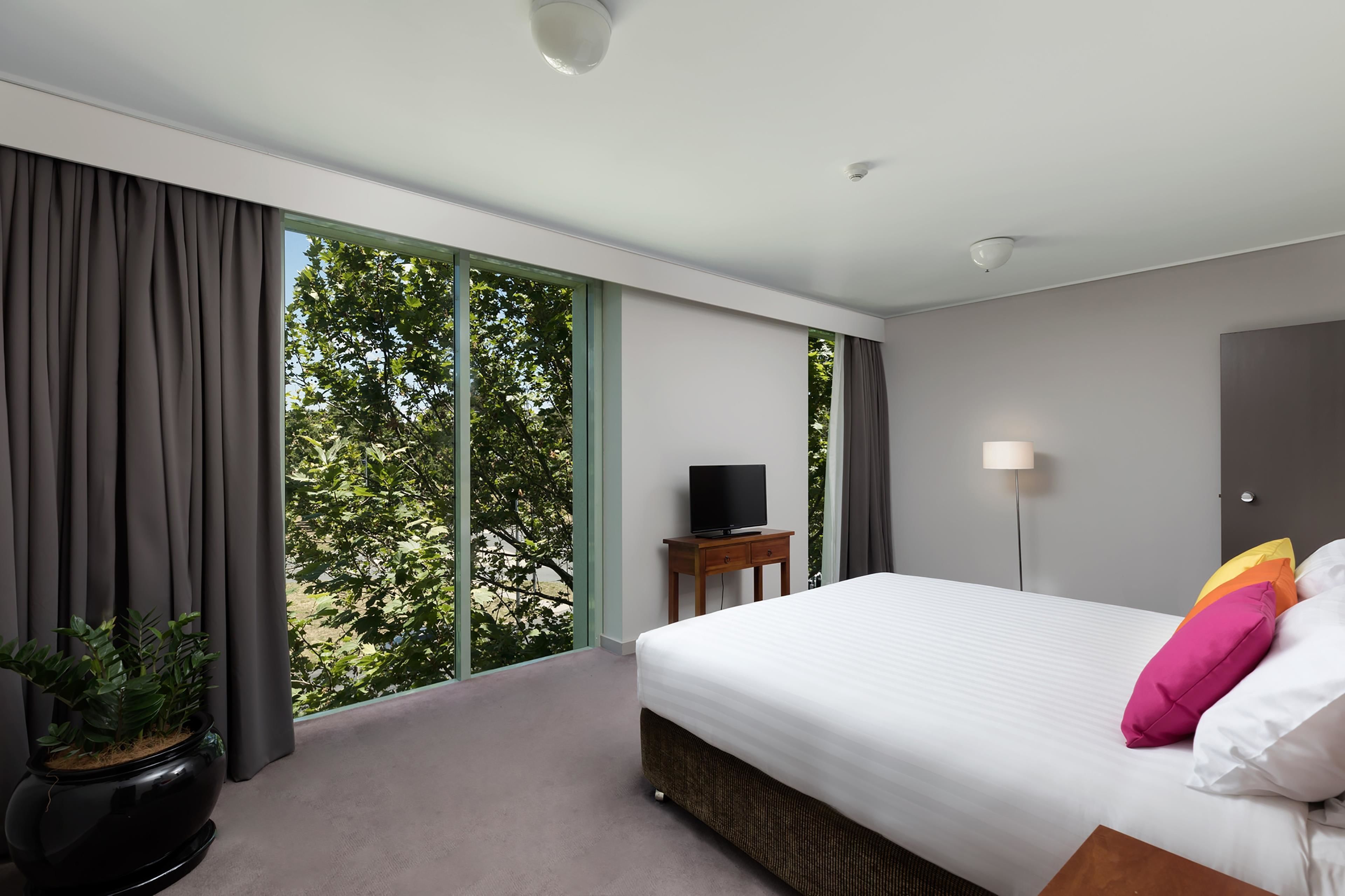 Une chambre d’hôtel moderne avec un grand lit, un téléviseur posé sur une table de chevet en bois, une plante en pot et une vue sur la verdure grâce à de grandes fenêtres du sol au plafond.