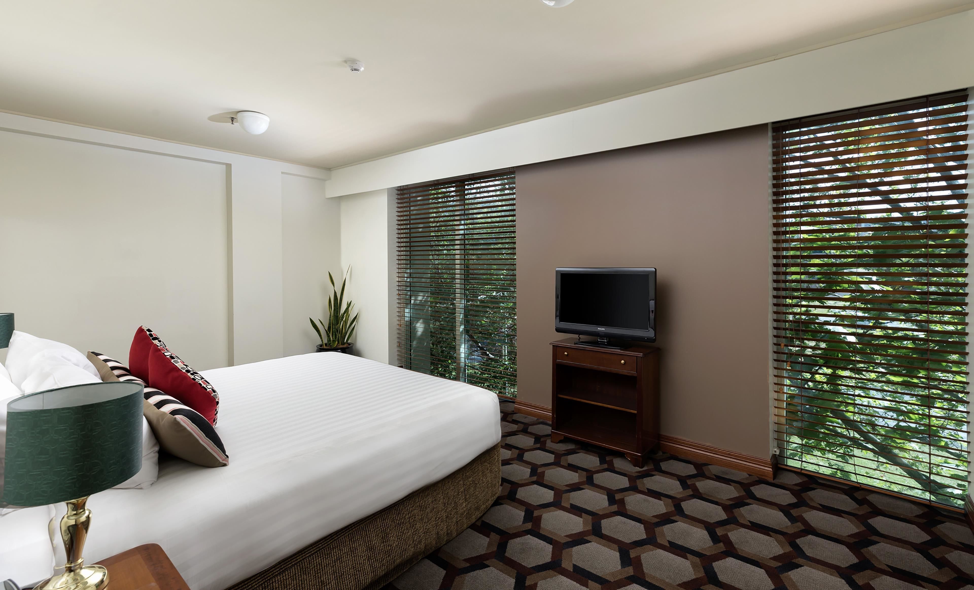 A hotel room with a large bed, a television on a wooden stand, and a potted plant.
