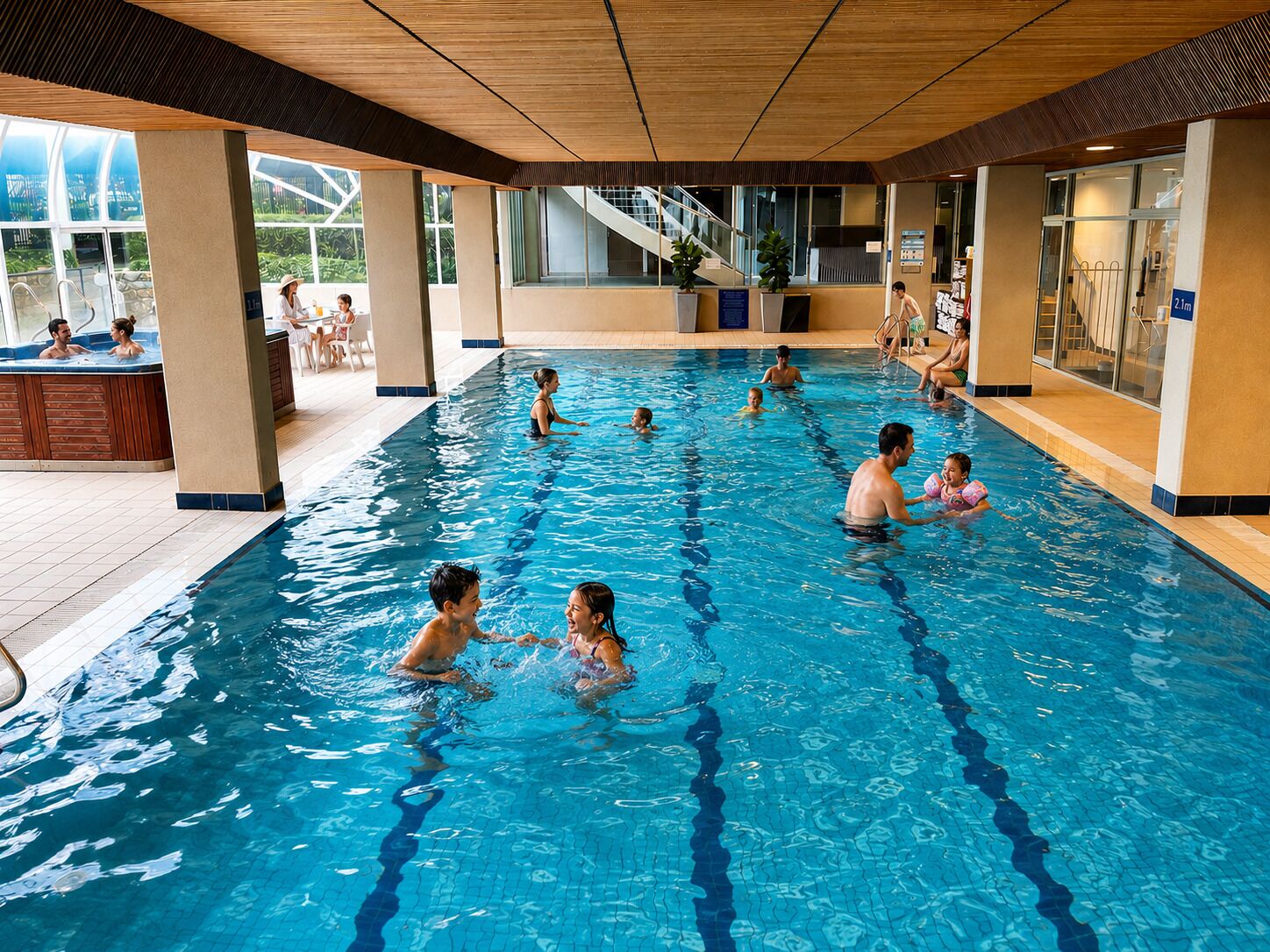 Une piscine intérieure à l’eau claire, entourée d’un sol carrelé et surmontée d’un plafond en bois.