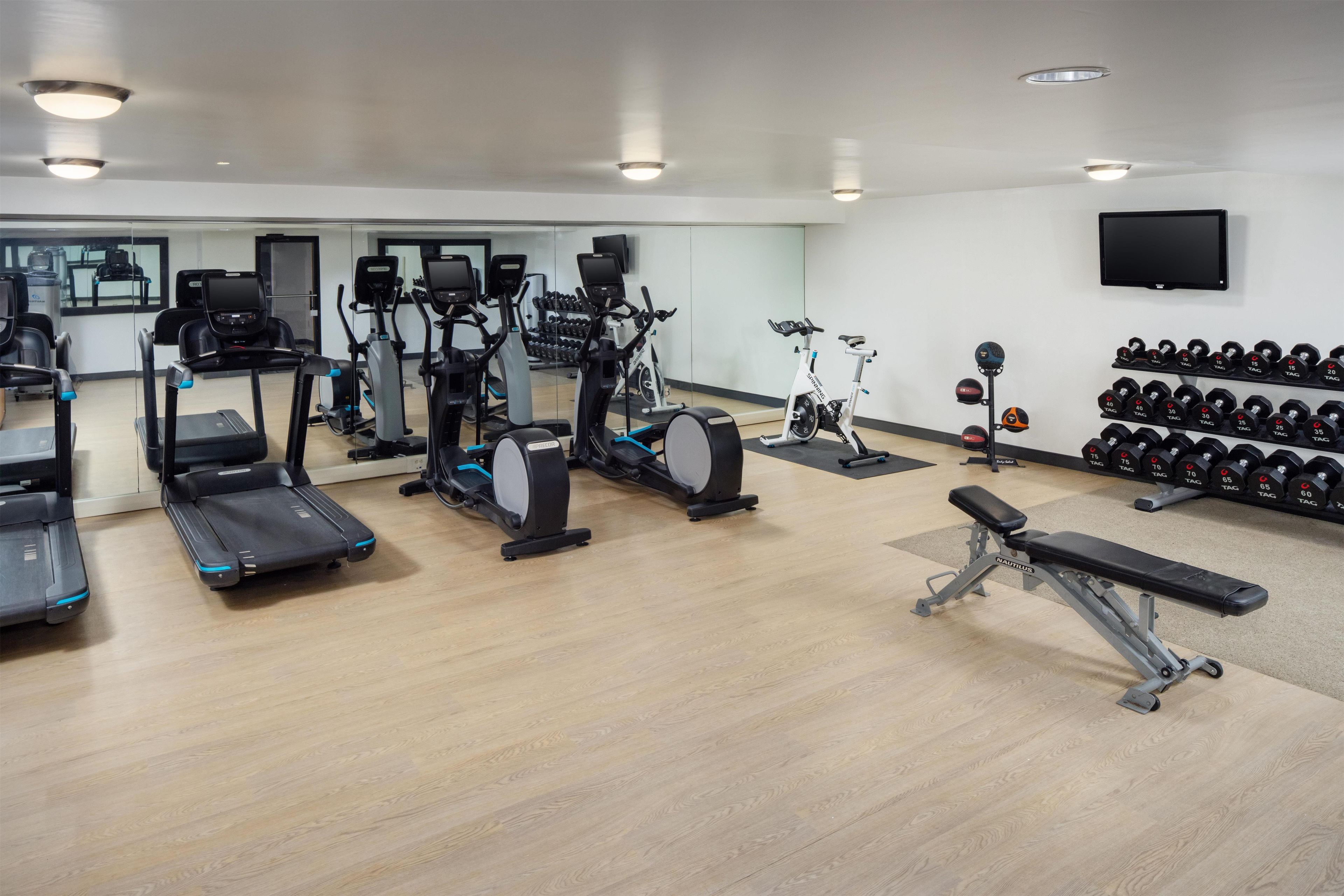 A gym with treadmills, elliptical machines, a stationary bike, and a bench press.