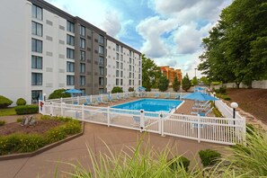 Outdoor pool, pool umbrellas, sun loungers