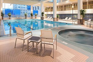 2 indoor pools, seasonal outdoor pool, pool umbrellas, pool loungers