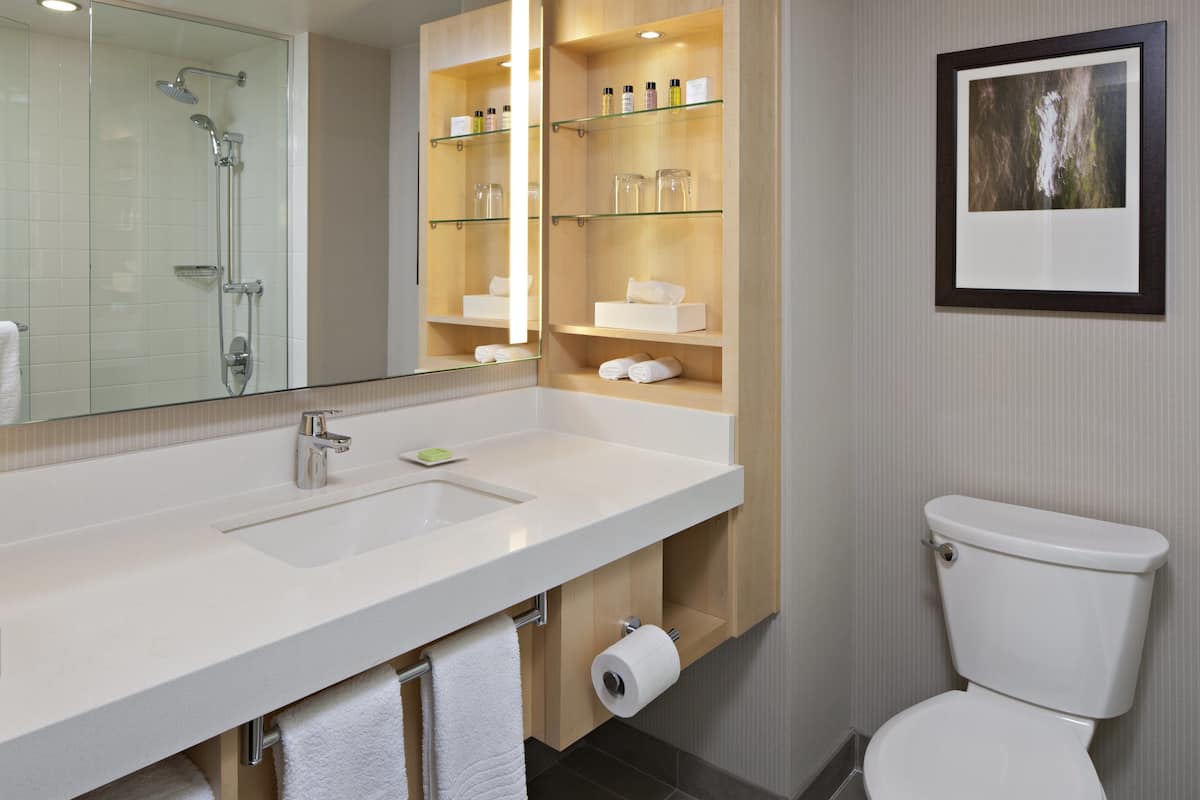 combined shower/bathtub, designer toiletries, hair dryer, heated floors