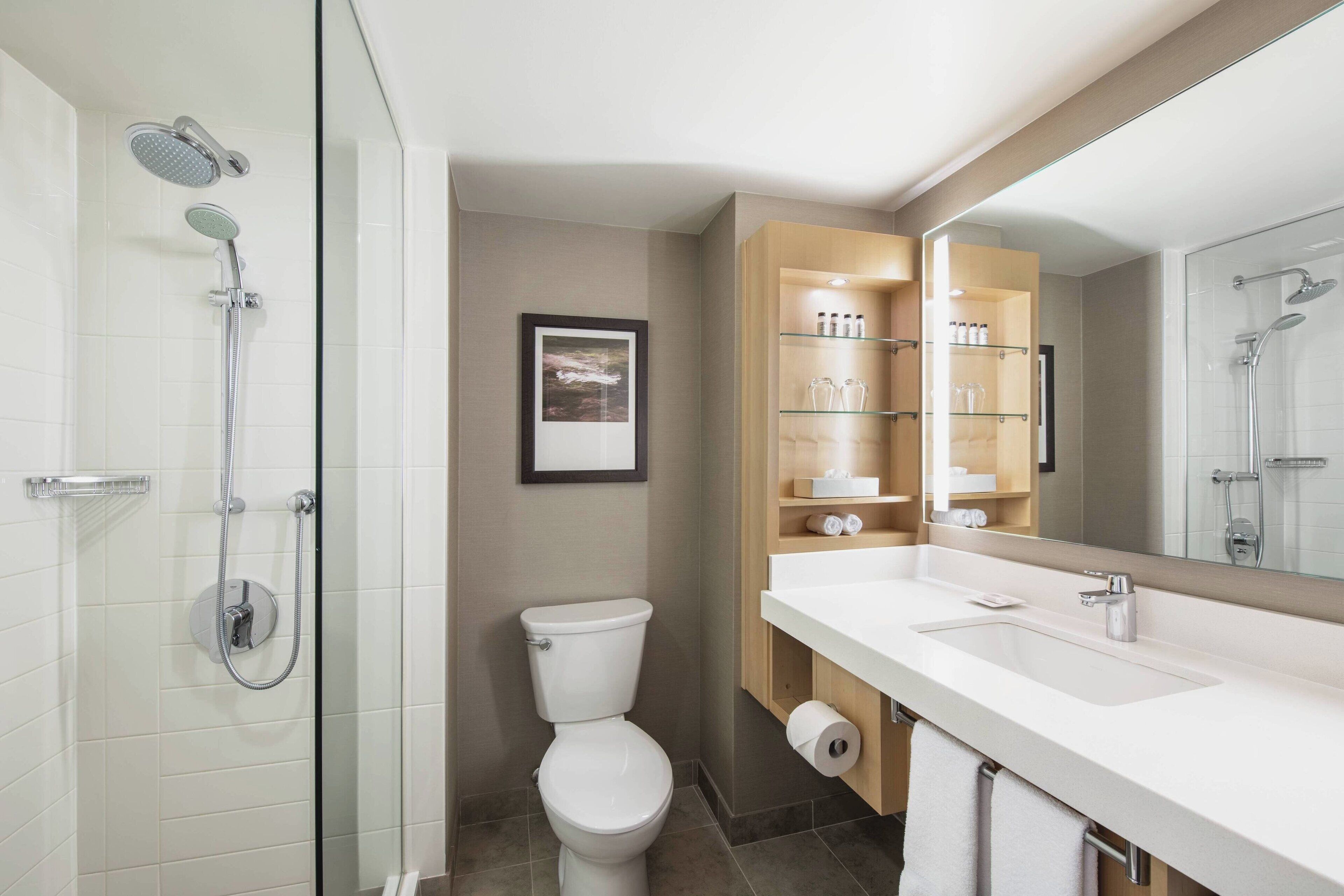 A modern bathroom with a glass-enclosed shower, a white toilet, and a vanity with a mirror.
