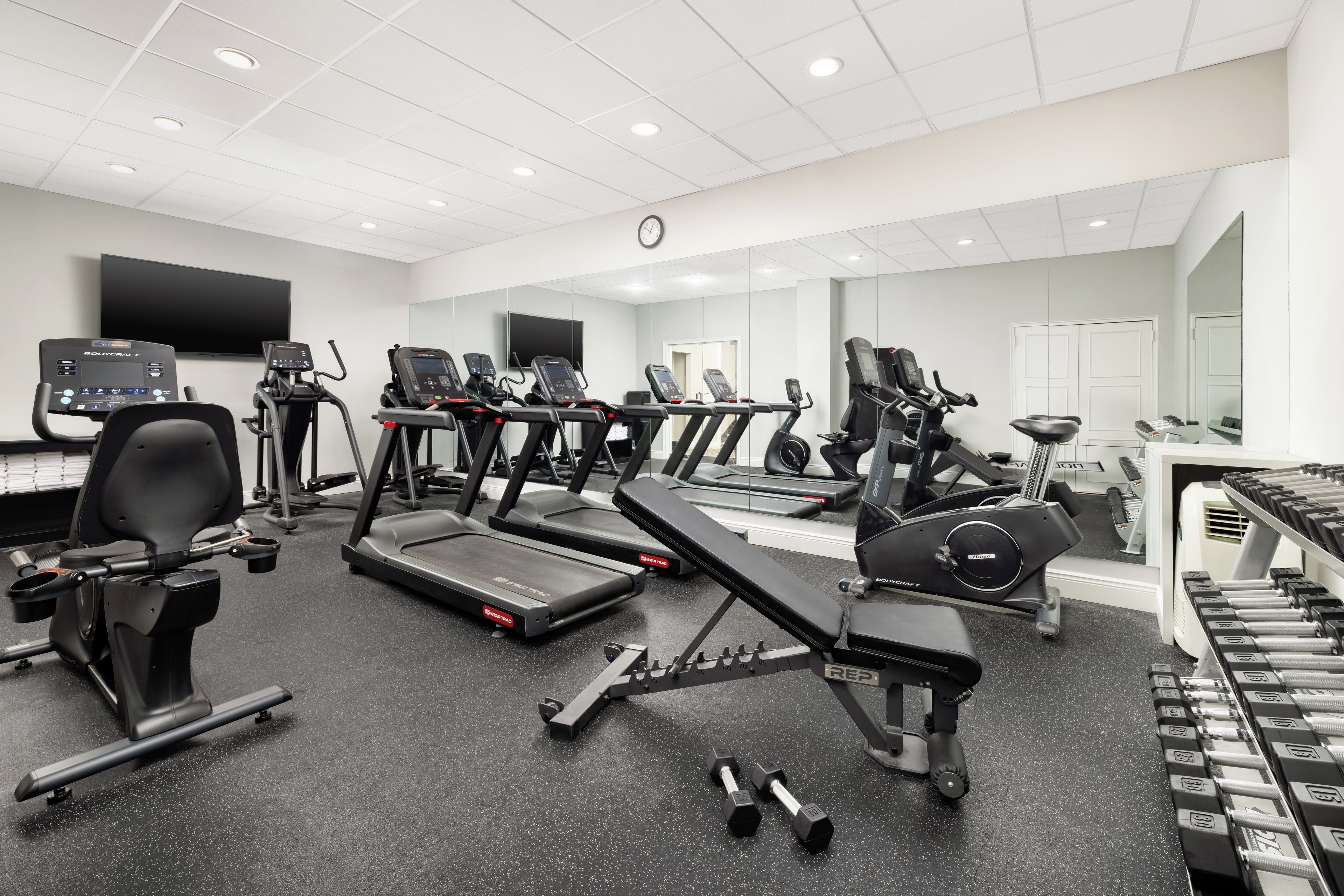 A gym with treadmills, elliptical machines, and free weights.