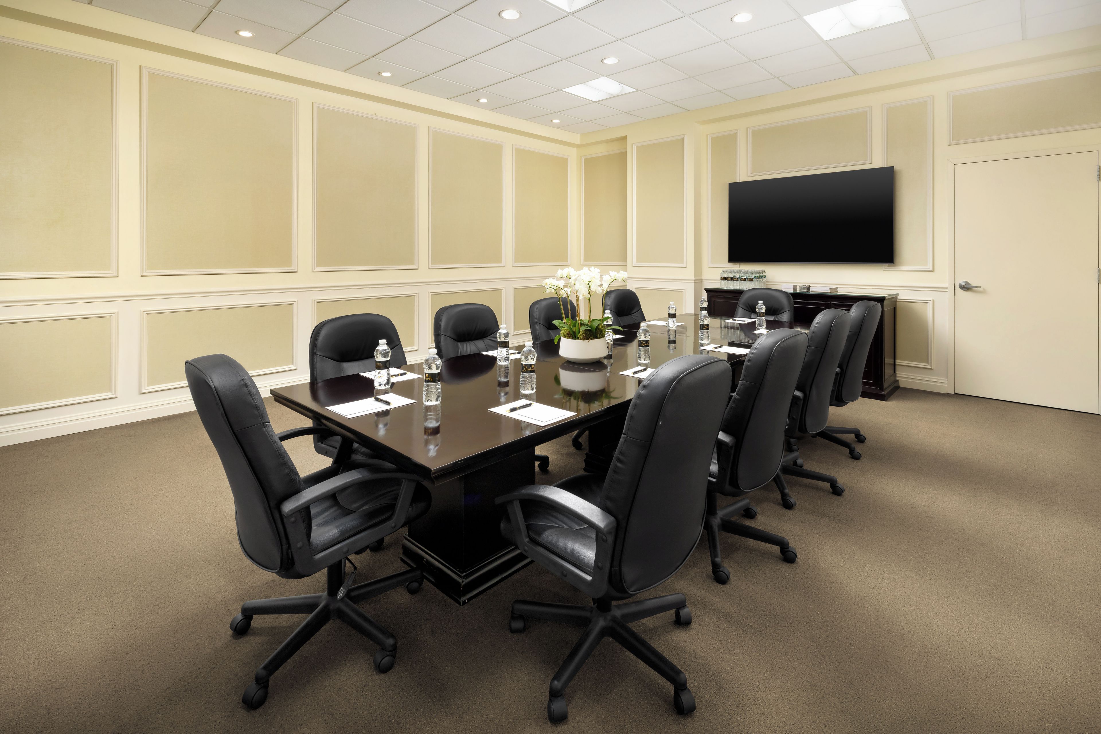 A conference room with a large table, black chairs, a flat-screen TV, and a potted plant.