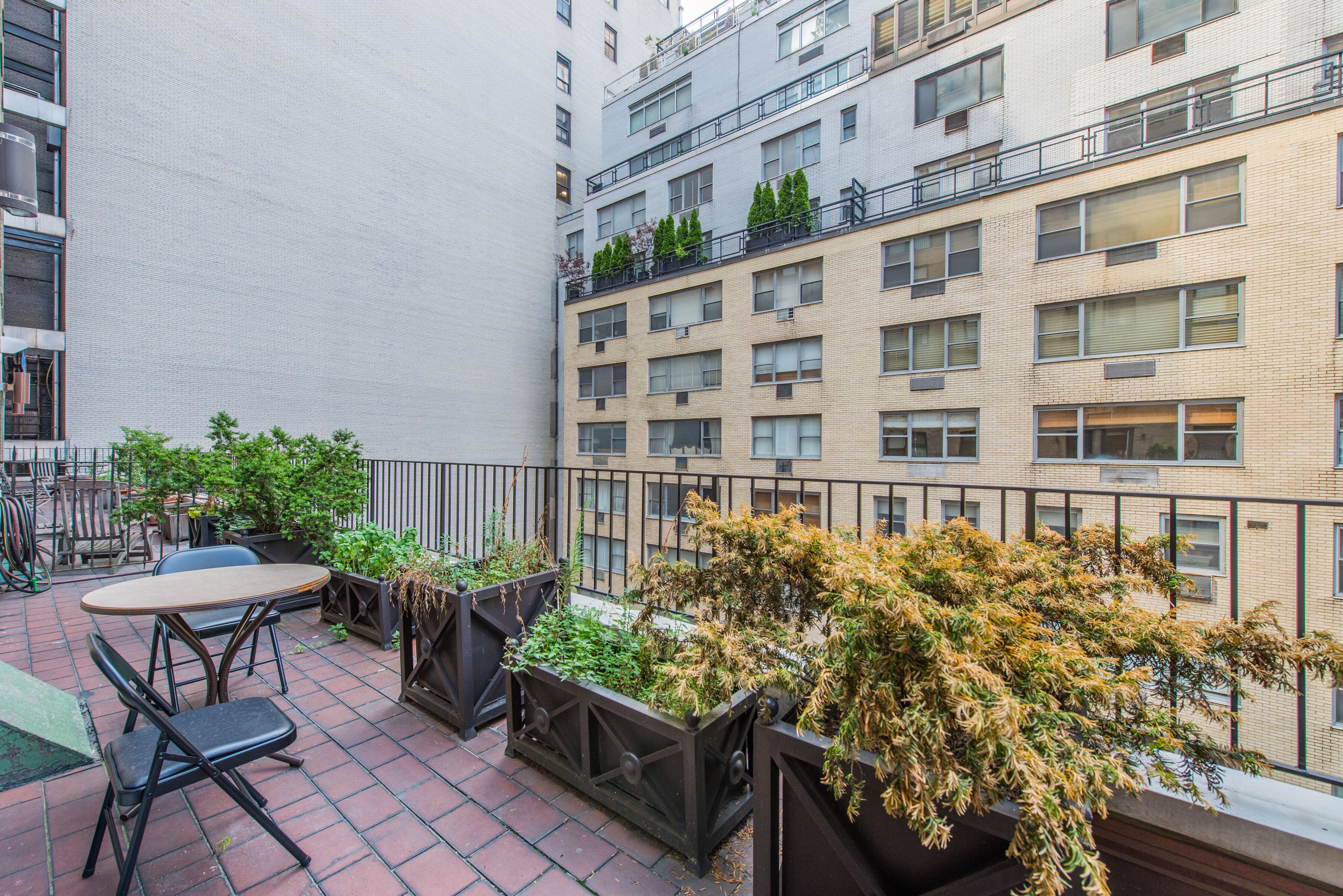 Terraza en la azotea con mobiliario exterior, plantas en macetas y vistas a edificios cercanos.