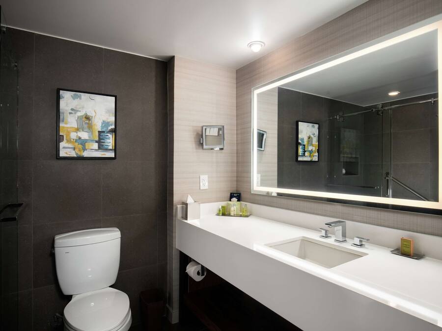 Un baño moderno con un lavabo blanco, un espejo grande y un inodoro.