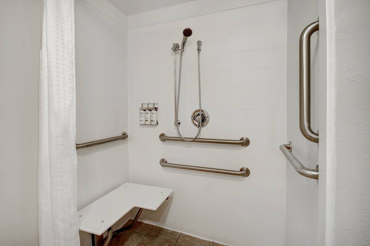 combined shower/bathtub, free toiletries, hair dryer, towels