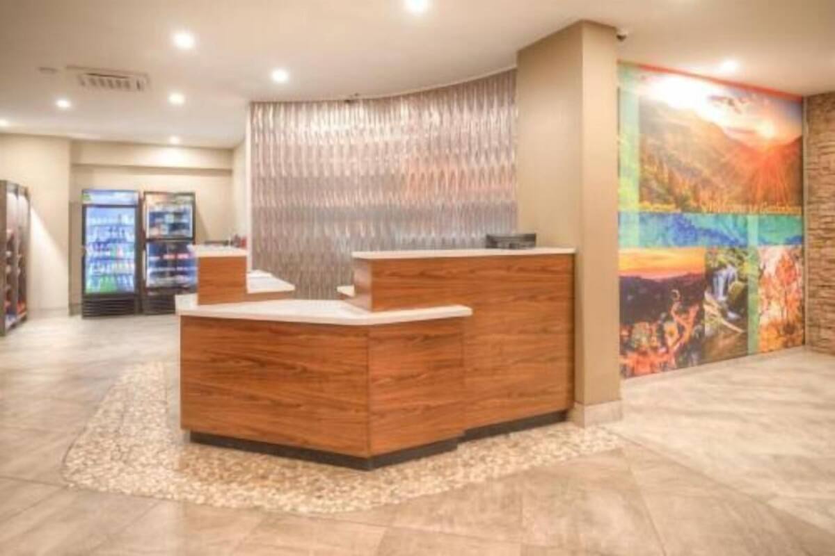 Un mostrador de recepción con detalles de madera, una cortina estampada y un cuadro abstracto de gran tamaño en la pared.